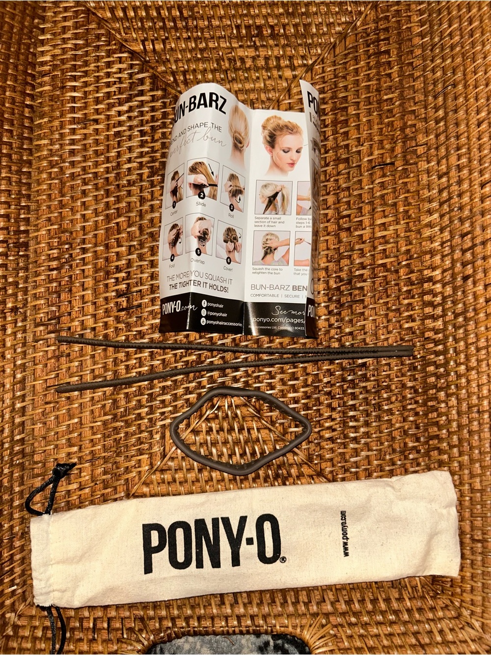 Pony -o classic, bun barz, instructions, and cloth holder